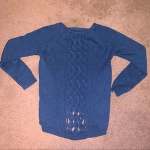 Blue knit sweater with open braided back detailing